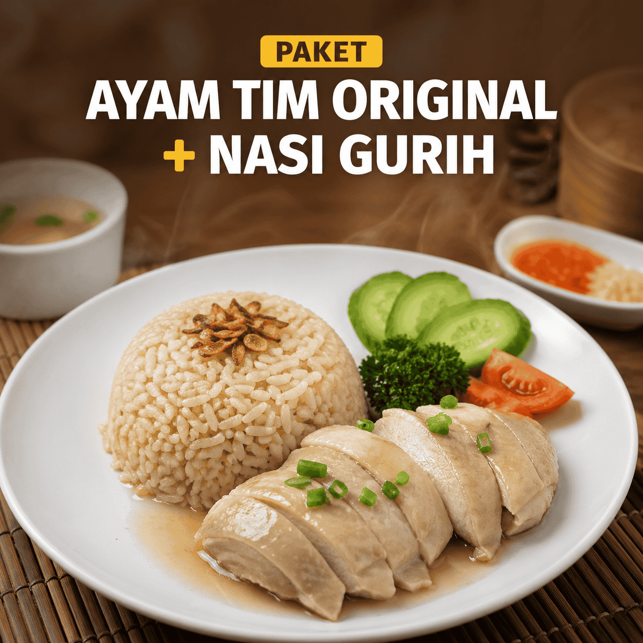 Paket Ayam Tim Original dengan nasi gurih, lalap, dan sambal